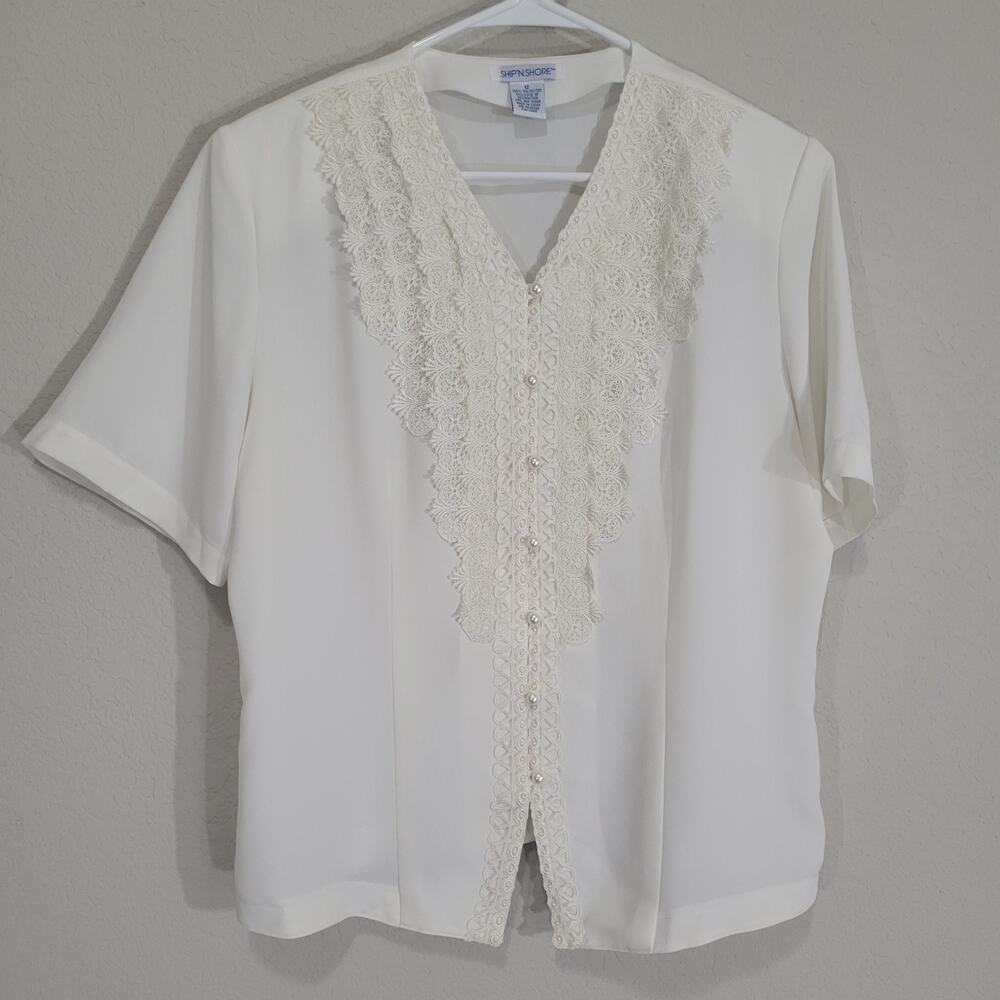 Ship'N Shore Blouse Womens 12 Cream Lace Beaded Short Sleeve Dressy Top